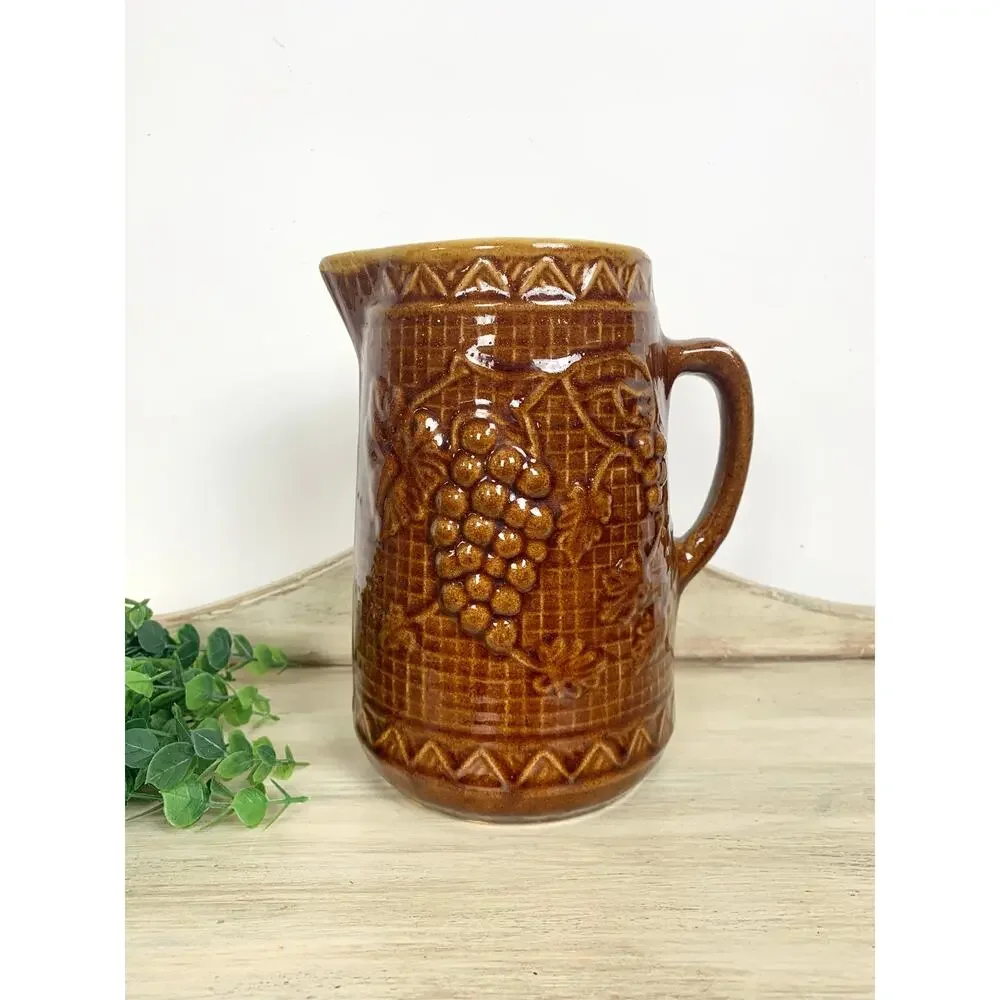 Antique North Star Stoneware Pitcher Brown Glaze Jug Vase Rustic Cottagecore
